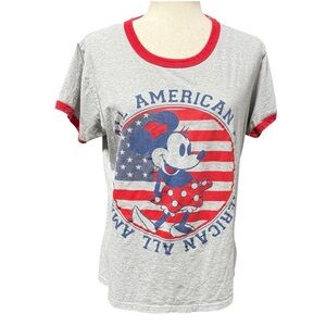 Disney Minnie Mouse Gray Red Flag Ringer T Shirt XL American Mickey Fourth July